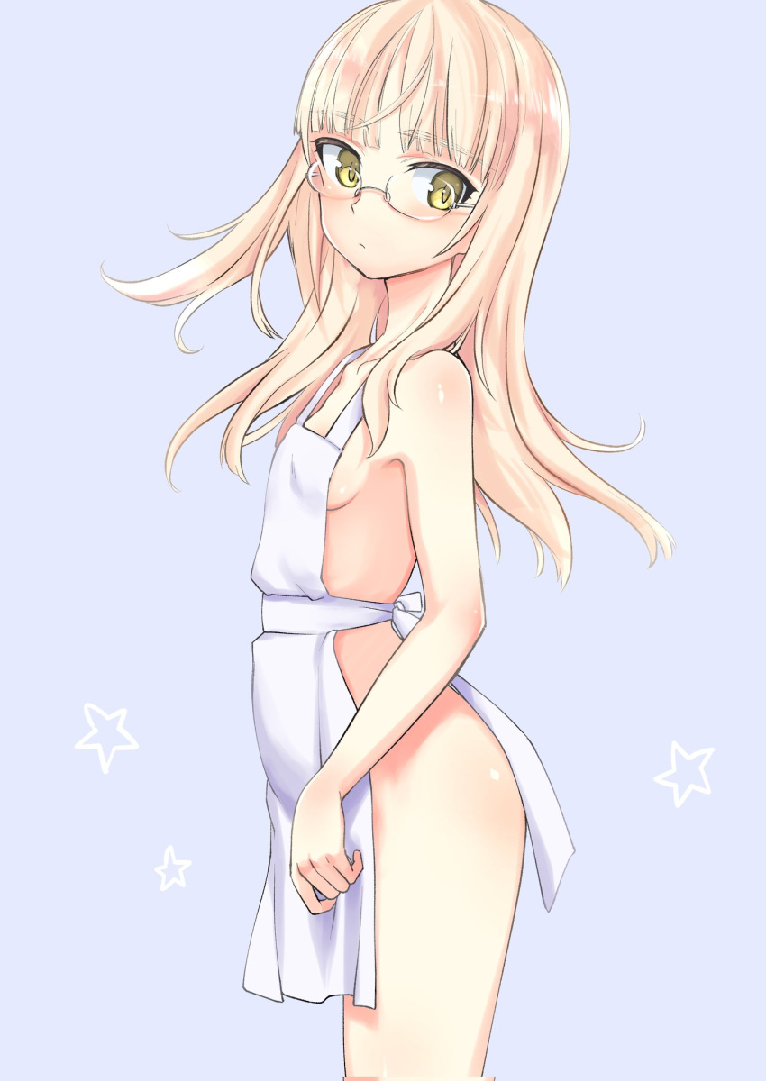 1girl aohashi_ame apron blonde_hair blue_background blush breasts closed_mouth eyebrows_behind_hair from_side glasses highres long_hair looking_to_the_side naked_apron perrine_h._clostermann shiny shiny_hair shiny_skin sideboob simple_background small_breasts solo strike_witches world_witches_series yellow_eyes