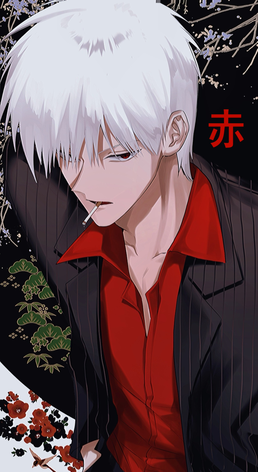 1boy absurdres akagi:_yami_ni_oritatta_tensai akagi_shigeru black_jacket blazer branch cigarette collared_shirt commentary flower fukumoto_mahjong hair_between_eyes hair_over_one_eye highres jacket leaf_print long_bangs looking_at_viewer male_focus open_clothes open_jacket open_mouth red_eyes red_flower red_shirt shirt short_hair siho_is_alien smoking solo striped_clothes striped_jacket suit upper_body vertical-striped_clothes vertical-striped_jacket white_hair