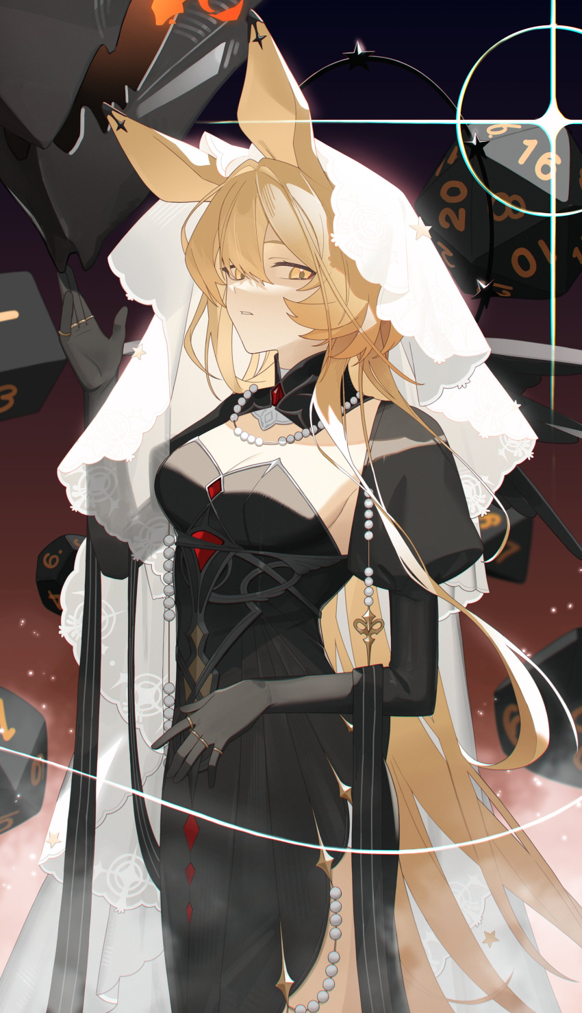 1girl absurdres animal_ears arknights black_dress black_gloves black_sleeves blonde_hair breasts cleavage cowboy_shot detached_collar dice dorothy_(arknights) dorothy_(hand_of_destiny)_(arknights) dress elbow_gloves from_side glint gloves hair_between_eyes highres icosahedron jewelry juliet_sleeves kasasasagi large_breasts long_sleeves looking_at_viewer mouse_ears mouse_girl multiple_rings necklace parted_lips pearl_necklace polyhedral_dice puffy_sleeves ring side_slit sidelocks sideways_glance solo strapless strapless_dress teeth white_veil yellow_eyes