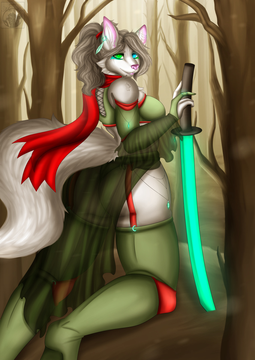 absurd_res anthro breasts butt canid canine canis clothing female hair hand_on_sword hi_res inner_ear_fluff mammal melee_weapon mrs_kiss scarf solo sword tuft weapon wolf wolf_wolfindeir_(thewolfycreator)