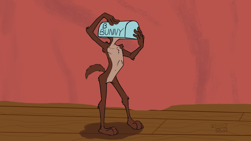 3_toes 4_fingers abstract_background anthro arched_back arm_tuft armpit_tuft back_tuft belly bent_back biped brown_body brown_fur butt_tuft calf_tuft canid canine canis canyon chest_tuft colored coyote detailed digital_drawing_(artwork) digital_media_(artwork) elbow_tuft feet fingers flat_colors floor fur hands_on_object head_stuck hi_res inside knee_tuft leg_tuft looney_tunes mailbox male mammal mentioned_character midsection name_on_object navel nude paws pecs pinup plantigrade pose raised_tail ribs rock_wall shadow shoulder_tuft solo standing stevethedragon stuck tail tan_belly tan_body tan_fur toes tuft warner_brothers wide_hips wile_e._coyote wood wood_floor
