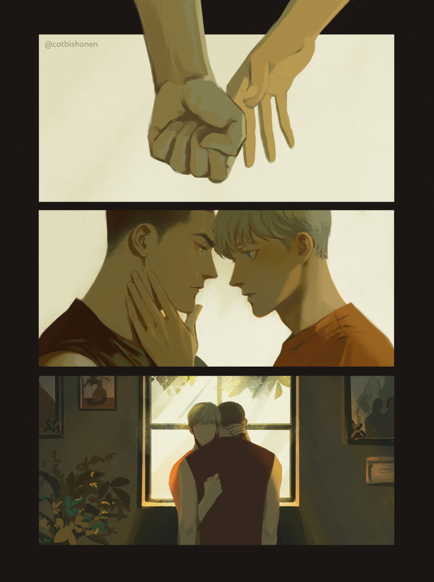 2boys absurdres adam_parrish back_tattoo black_hair black_wristband blonde_hair blue_eyes buzz_cut catbishonen crying eye_contact face-to-face freckles from_side highres hug indoors looking_at_another male_focus multiple_boys ronan_lynch short_hair streaming_tears tattoo tears the_raven_cycle upper_body very_short_hair yaoi