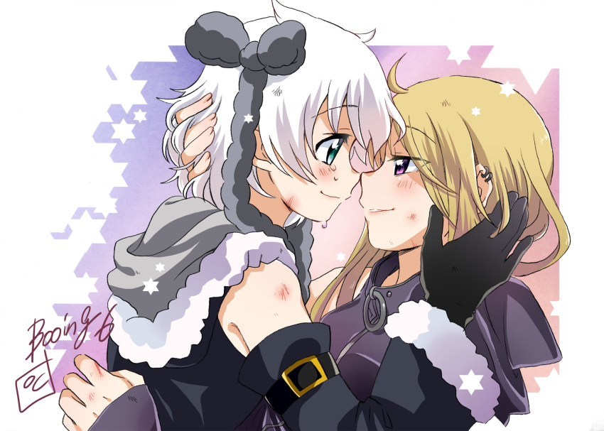 2girls aqua_eyes azusa_mifuyu bangs blonde_hair blush booing6 closed_mouth crying crying_with_eyes_open detached_sleeves ear_piercing eyes_visible_through_hair from_side fur-trimmed_hood fur-trimmed_sleeves fur_trim grey_hoodie grey_ribbon grey_sleeves hair_horns hair_ribbon hand_in_another's_hair hand_on_another's_back happy_tears hexagram highres hood hood_down hoodie hug injury long_hair looking_at_another magia_record:_mahou_shoujo_madoka_magica_gaiden magical_girl mahou_shoujo_madoka_magica multiple_girls noses_touching parted_lips piercing profile purple_eyes purple_hoodie ribbon short_hair signature smile swept_bangs tears upper_body white_hair yukino_kanae yuri zipper