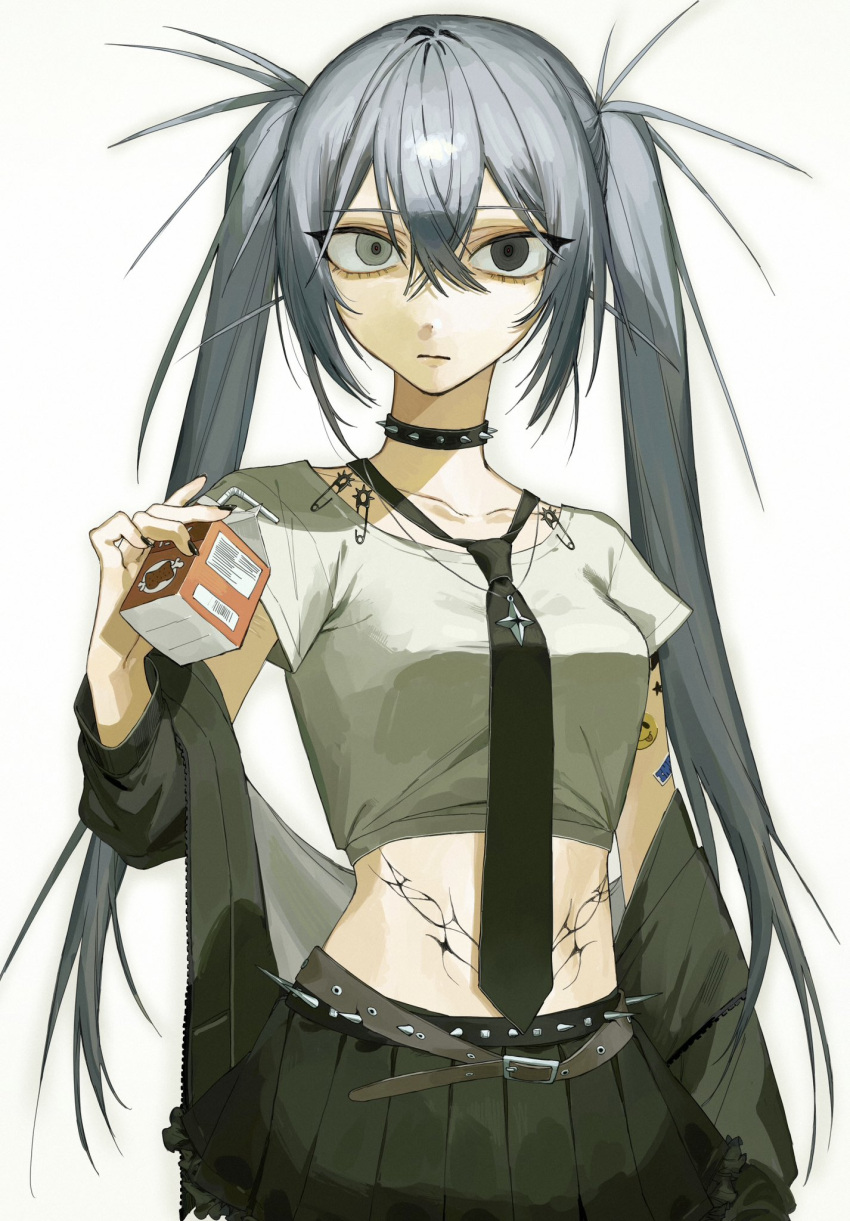 1girl 6kal_a belt black_eyes black_nails black_necktie breasts choker closed_mouth crop_top grey_eyes grey_hair hair_between_eyes hetero highres holding jacket juice_box long_hair looking_at_viewer medium_breasts midriff nail_polish necktie off_shoulder open_clothes original pleated_skirt safety_pin shirt simple_background skirt solo sticker stomach_tattoo studded_choker tattoo twintails very_long_hair white_background