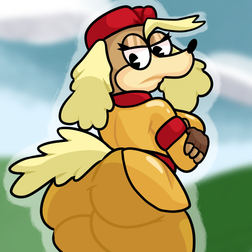 1:1 anthro belt big_breasts big_butt black_eyes blonde_hair blue_background bottomwear breasts brown_body brown_eyeshadow brown_fur butt canid canine canis clothing cloud cloudscape cuphead_(game) domestic_dog eyelashes female fur green_background hair hat headgear headwear hi_res hunting_dog lewdewott looking_at_viewer looking_back looking_back_at_viewer mammal military_hat military_uniform pants pilot_saluki_(cuphead) rear_view red_clothing red_hat red_headwear side_boob sighthound simple_background sky solo tan_body tan_fur thick_thighs topwear uniform video_games wide_hips yellow_bottomwear yellow_clothing yellow_pants yellow_tail yellow_topwear