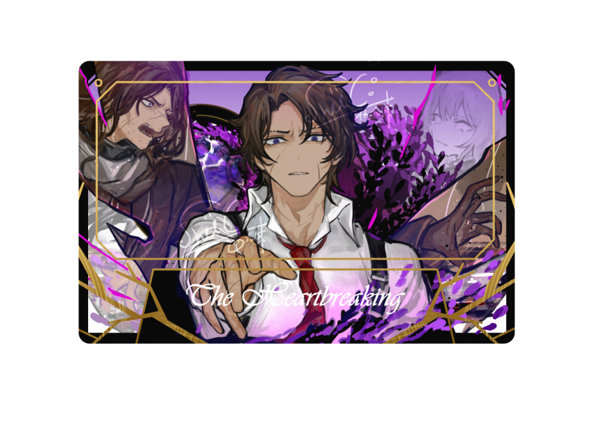 1girl 2boys brown_gloves brown_hair catherine_(project_moon) collared_shirt dark-skinned_male dark_skin english_text erlking_heathcliff_(project_moon) every_catherine_(project_moon) gloves heathcliff_(project_moon) holster limbus_company long_hair multiple_boys necktie nishikujic project_moon purple_eyes red_necktie shirt short_hair shoulder_holster white_shirt