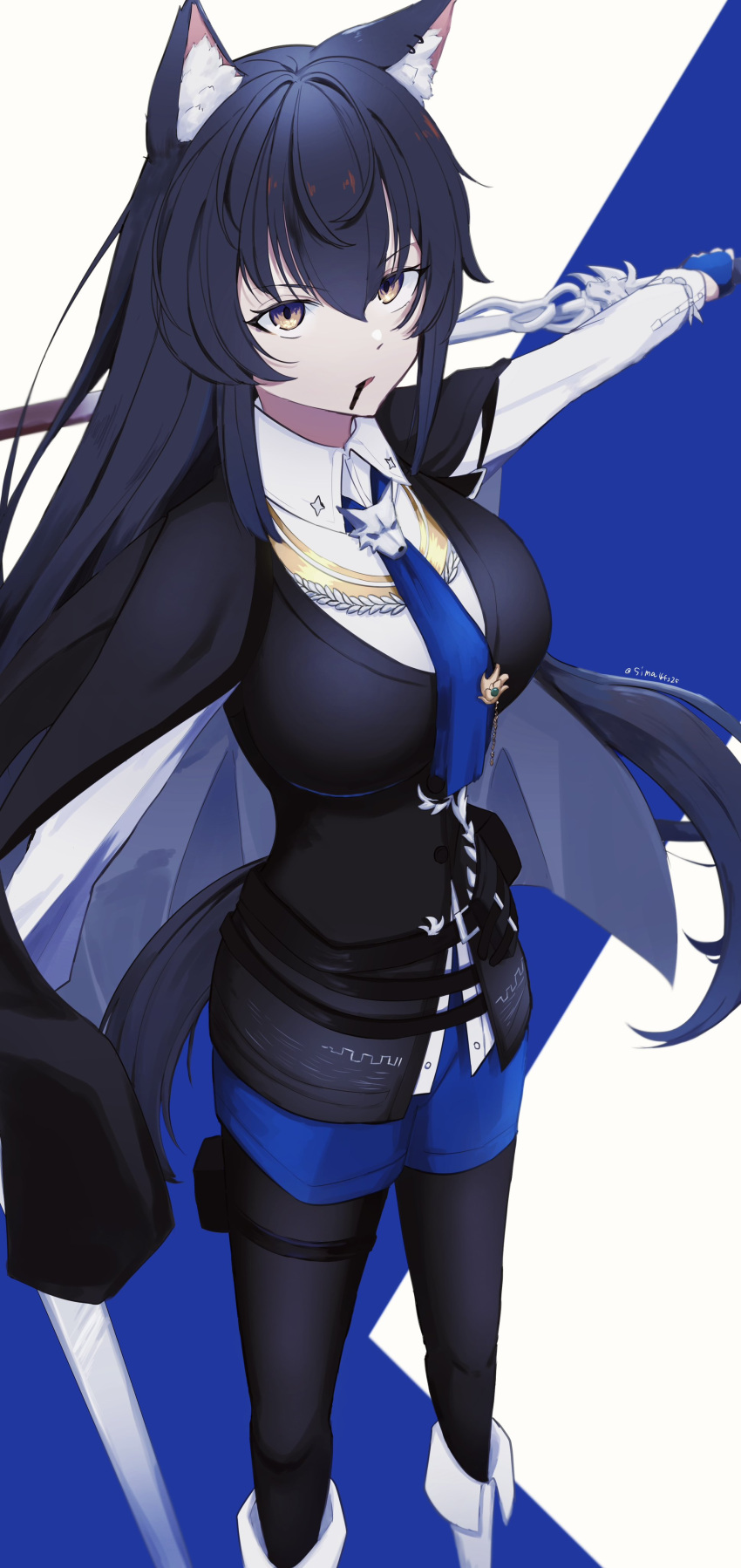1girl absurdres animal_ear_fluff animal_ears arknights black_hair black_jacket black_necktie blue_gloves blue_necktie breasts commentary_request food food_in_mouth gloves hair_between_eyes highres holding holding_sword holding_weapon jacket large_breasts long_hair long_sleeves looking_at_viewer necktie pantyhose pocky pocky_in_mouth shirt sima_(164s25) simple_background solo standing sword tail weapon white_background white_shirt wolf_ears wolf_girl yellow_eyes
