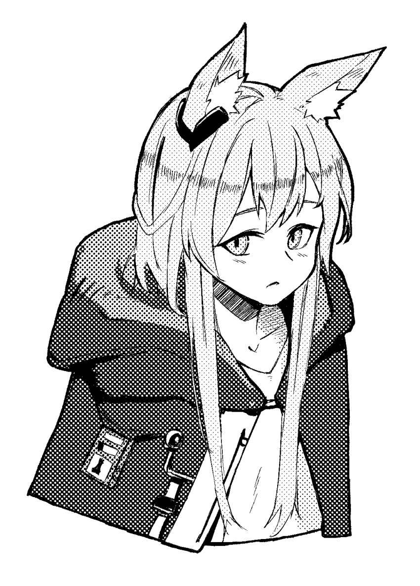 1girl animal_ears arknights blush cat_ears cat_girl clasp collarbone cropped_torso halftone highres hood hood_down hooded_jacket jacket long_hair looking_at_viewer open_clothes open_jacket open_mouth rosmontis_(arknights) shirt sidelocks simple_background solo tubuan_(tubuan03) white_background