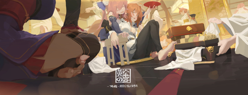 3girls absurdres ahoge animal_ear_fluff animal_ears bare_shoulders black_pants blue_kimono blue_thighhighs bow breasts character_request cleavage crossed_legs cup detached_sleeves fate/grand_order fate_(series) feast fox_ears fox_girl fox_tail fujimaru_ritsuka_(female) highres jacket japanese_clothes kimono last853 long_hair miyamoto_musashi_(fate) multiple_girls open_clothes open_mouth open_shirt orange_eyes orange_hair pants pink_hair ribbon sakazuki short_hair sitting skirt tail tamamo_(fate) tamamo_no_mae_(fate/extra) thighhighs