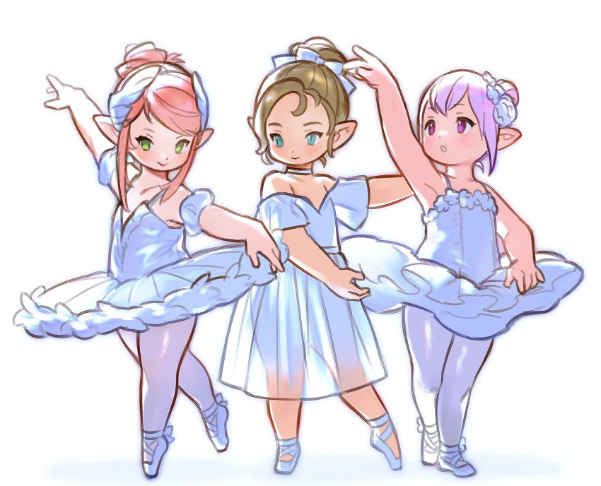 3girls ballet ballet_dress ballet_slippers bow brown_hair dancing dress final_fantasy final_fantasy_xiv flower hair_bow hair_bun hair_flower hair_ornament krile_mayer_baldesion_(ff14) lalafell multiple_girls nanamo_ul_namo pantyhose pink_hair pointy_ears purple_hair smile strapless strapless_dress tataru_taru tutu white_dress white_footwear white_pantyhose wuliu_heihuo