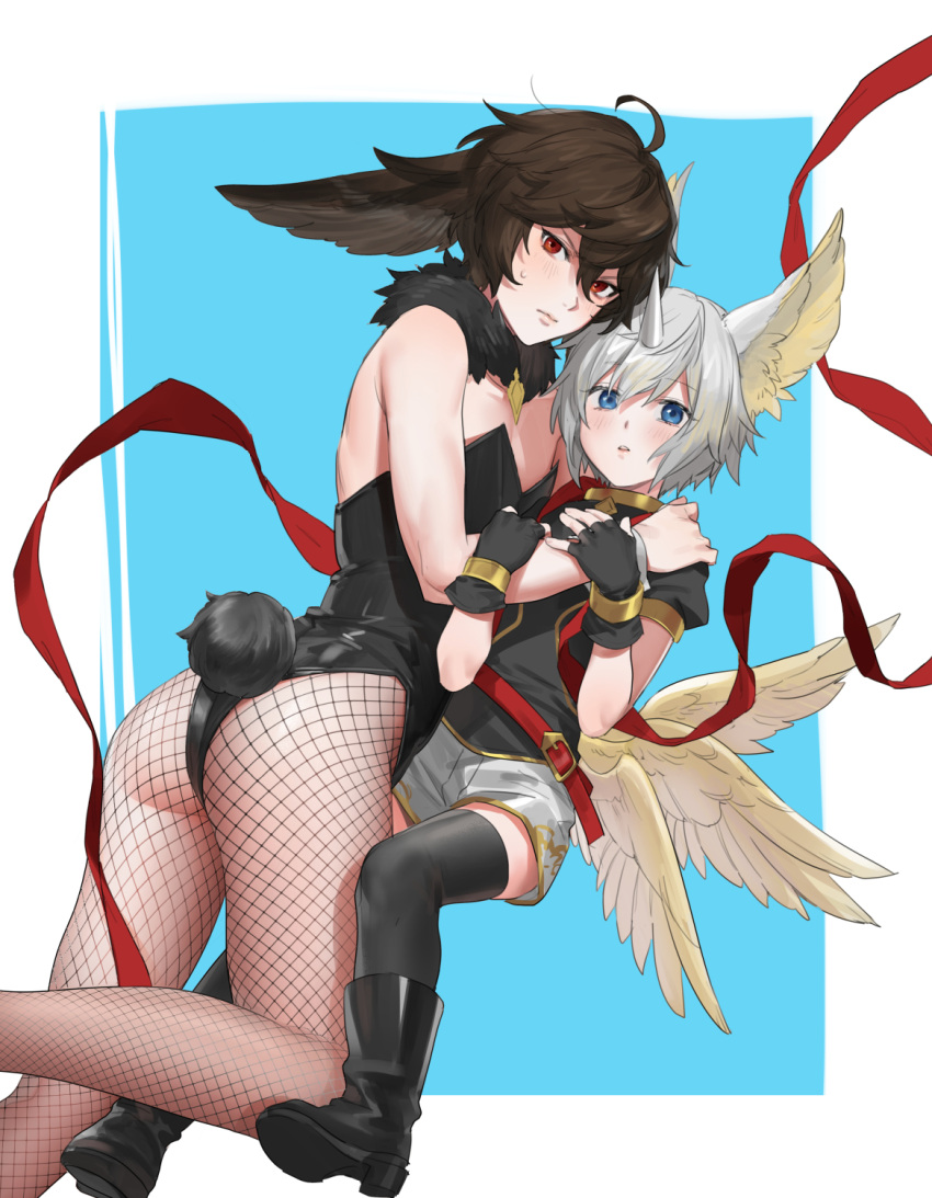 2boys ahoge androgynous armpit_crease ass bangs belt black_footwear black_leotard black_shirt black_thighhighs blue_background blue_eyes blush boots border bracelet collarbone commentary_request crossdressing fake_tail feathered_wings feet_out_of_frame fingerless_gloves fishnet_legwear fishnets full_body gloves gold_trim granblue_fantasy grey_shorts highleg highleg_leotard highres horns jewelry legs leotard lucifer_(shingeki_no_bahamut) male_focus medium_hair multiple_boys pantyhose partially_fingerless_gloves rabbit_tail red_eyes sandalphon_(granblue_fantasy) shadow shiny shiny_hair shirt short_sleeves shorts tail thighhighs thighs tki white_border wings