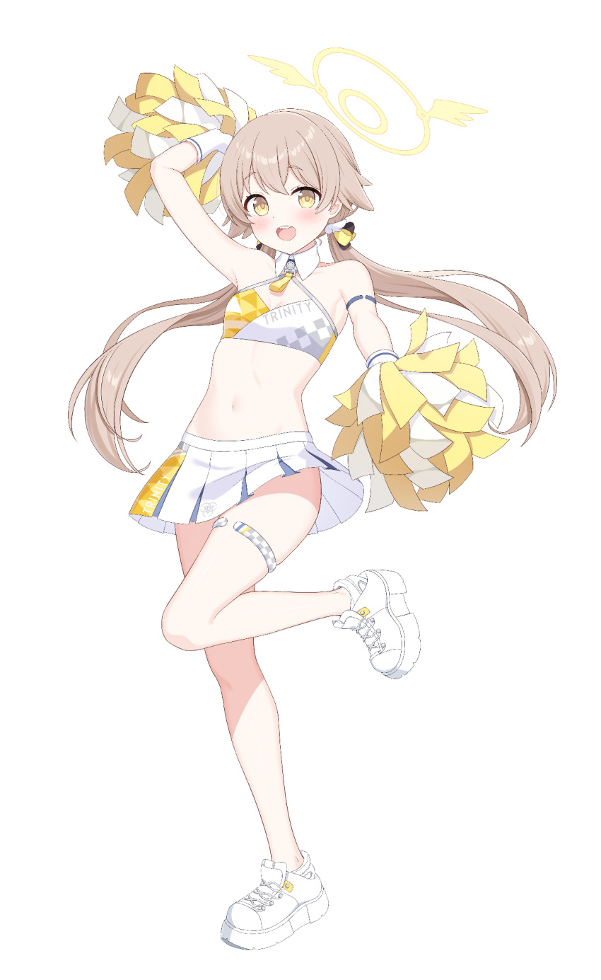 1girl arm_strap arm_up bare_shoulders blue_archive cheerleader crop_top gloves halo hifumi_(blue_archive) highres kurumi_lm light_brown_hair long_hair low_twintails open_mouth pleated_skirt pom_pom_(cheerleading) simple_background skirt smile solo thigh_strap twintails white_background white_footwear white_gloves white_skirt yellow_eyes yellow_halo