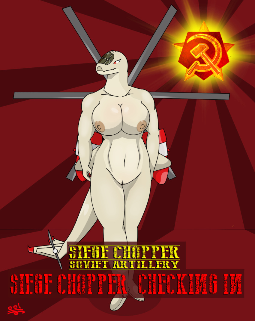 2021 aircraft aircraft_humanoid anthro breasts command_and_conquer countershading eel_(artist) engine female genitals hammer_and_sickle helicopter hi_res living_aircraft living_machine living_vehicle machine navel nipples not_furry nude pussy red_alert_(series) red_eyes russian solo soviet_union standing text vehicle yuri's_revenge