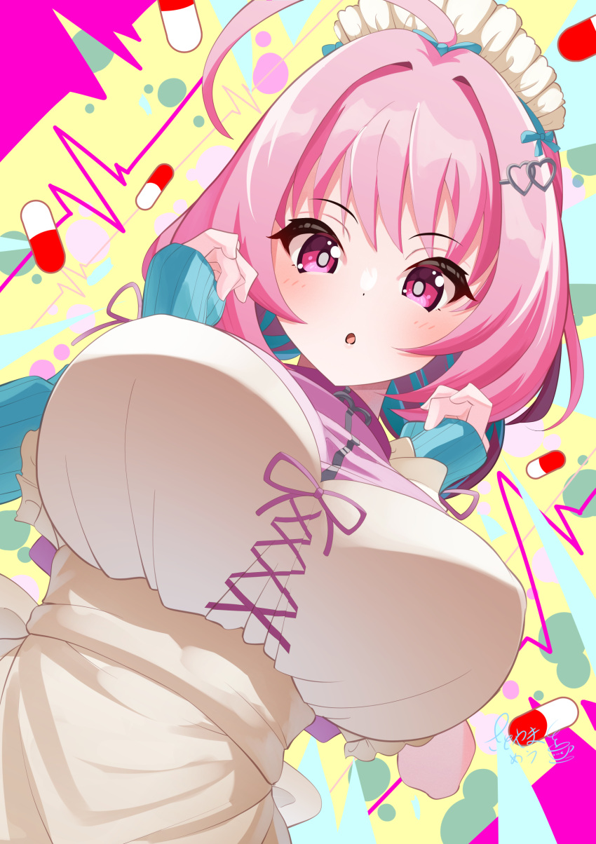 1girl absurdres ahoge apron breasts bright_pupils dot_nose hair_intakes hair_ornament hands_up heart heart_hair_ornament highres idolmaster idolmaster_cinderella_girls large_breasts long_sleeves looking_at_viewer medium_hair parted_lips pink_eyes pink_hair satoyama_meu sleeves_past_wrists solo upper_body white_apron white_pupils yumemi_riamu