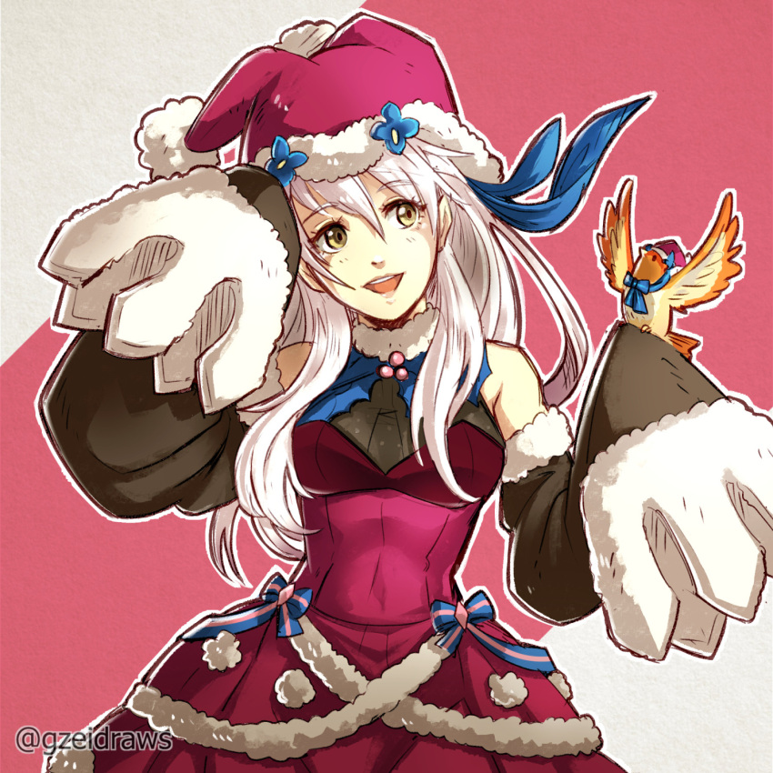 1girl :d adapted_costume animal_on_arm bangs bare_shoulders bird bird_on_arm cosplay detached_sleeves dress fire_emblem fire_emblem:_radiant_dawn fire_emblem_heroes fur_trim grey_hair gzei hair_between_eyes hair_ribbon half_updo hat highres long_hair long_sleeves looking_to_the_side micaiah_(fire_emblem) mirabilis_(fire_emblem) mirabilis_(fire_emblem)_(cosplay) nightcap open_mouth pom_pom_(clothes) purple_dress purple_headwear ribbon simple_background sleeveless sleeveless_dress sleeves_past_fingers sleeves_past_wrists smile solo turtleneck_dress twitter_username two-tone_background upper_body yellow_eyes yune_(fire_emblem)