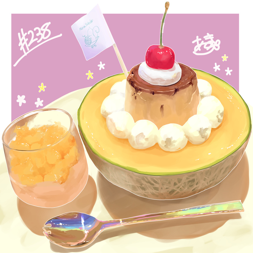 absurdres cantaloupe cup drinking_glass food food_focus fruit highres no_humans original plate pudding spoon takisou_sou whipped_cream