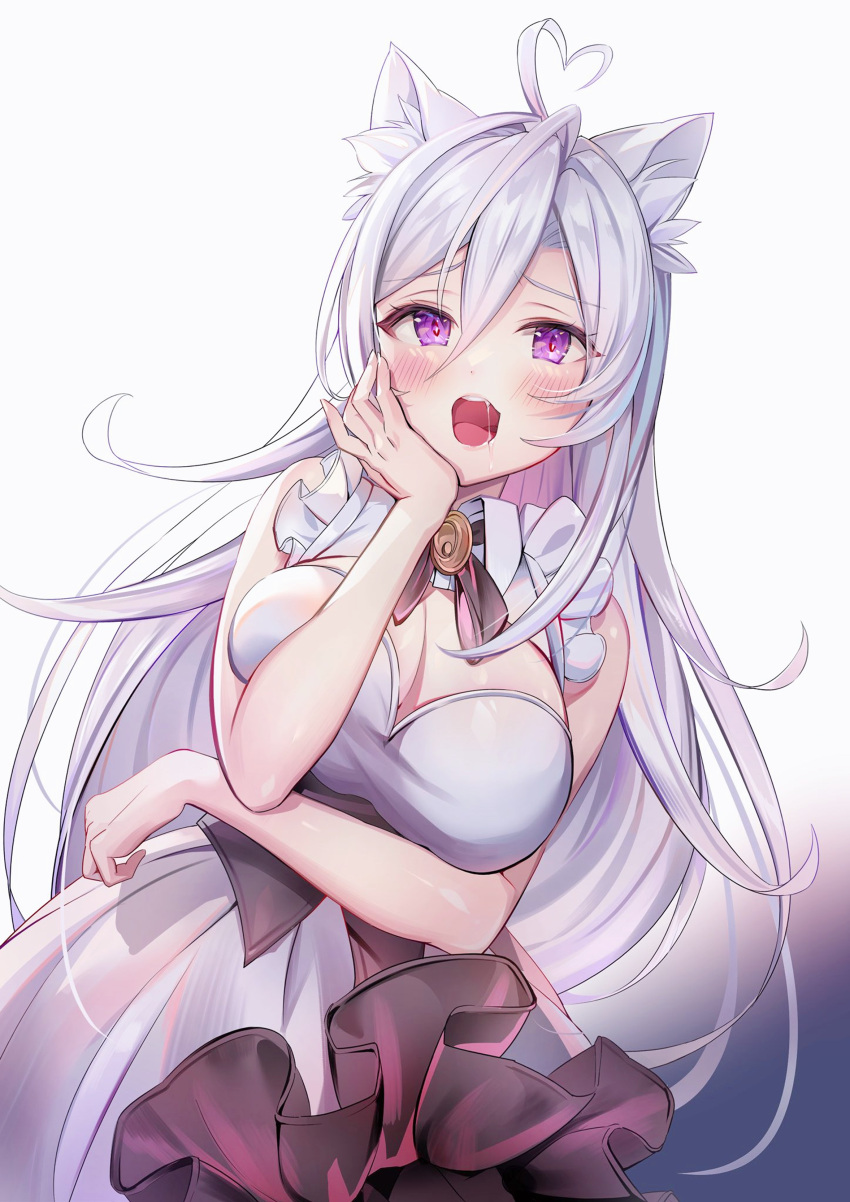 1girl absurdres ahoge animal_ear_fluff animal_ears bangs bare_arms black_bow black_bowtie blush bow bowtie breast_lift breasts cat_ears cleavage dress hair_between_eyes hand_on_own_cheek hand_on_own_face heart heart_ahoge highres large_breasts long_hair looking_at_viewer luna_nyann open_mouth original purple_eyes saliva saliva_trail simple_background solo very_long_hair white_background white_dress white_hair