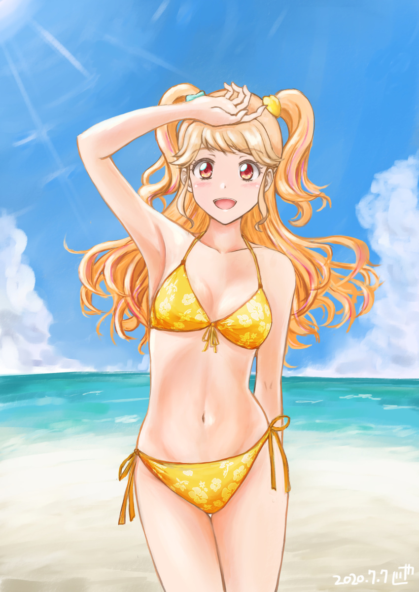 1girl 2020 :d absurdres aikatsu! aikatsu!_(series) arm_up armpits bangs bare_arms beach bikini blonde_hair blue_sky blush breasts cleavage cloud collarbone cowboy_shot dated floating_hair floral_print front-tie_bikini front-tie_top hair_ornament highres jungle_zzz long_hair natsuki_mikuru ocean open_mouth print_bikini red_eyes ribbon side-tie_bikini sketch sky small_breasts smile solo standing summer swimsuit thigh_gap twintails very_long_hair yellow_bikini yellow_ribbon