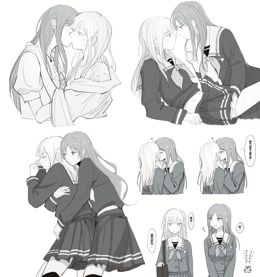 2girls bag bang_dream! bang_dream!_it's_mygo!!!!! blush breasts chinese_text closed_eyes commentary crimiko earrings flower_earrings greyscale hair_ornament hairclip hand_on_another's_face heart highres hug hug_from_behind jewelry kiss large_breasts long_hair monochrome multiple_girls nagasaki_soyo parted_lips partially_undressed pleated_skirt sailor_collar school_bag school_uniform shirt short_sleeves skirt smile speech_bubble translation_request tsukinomori_school_uniform wakaba_mutsumi yuri