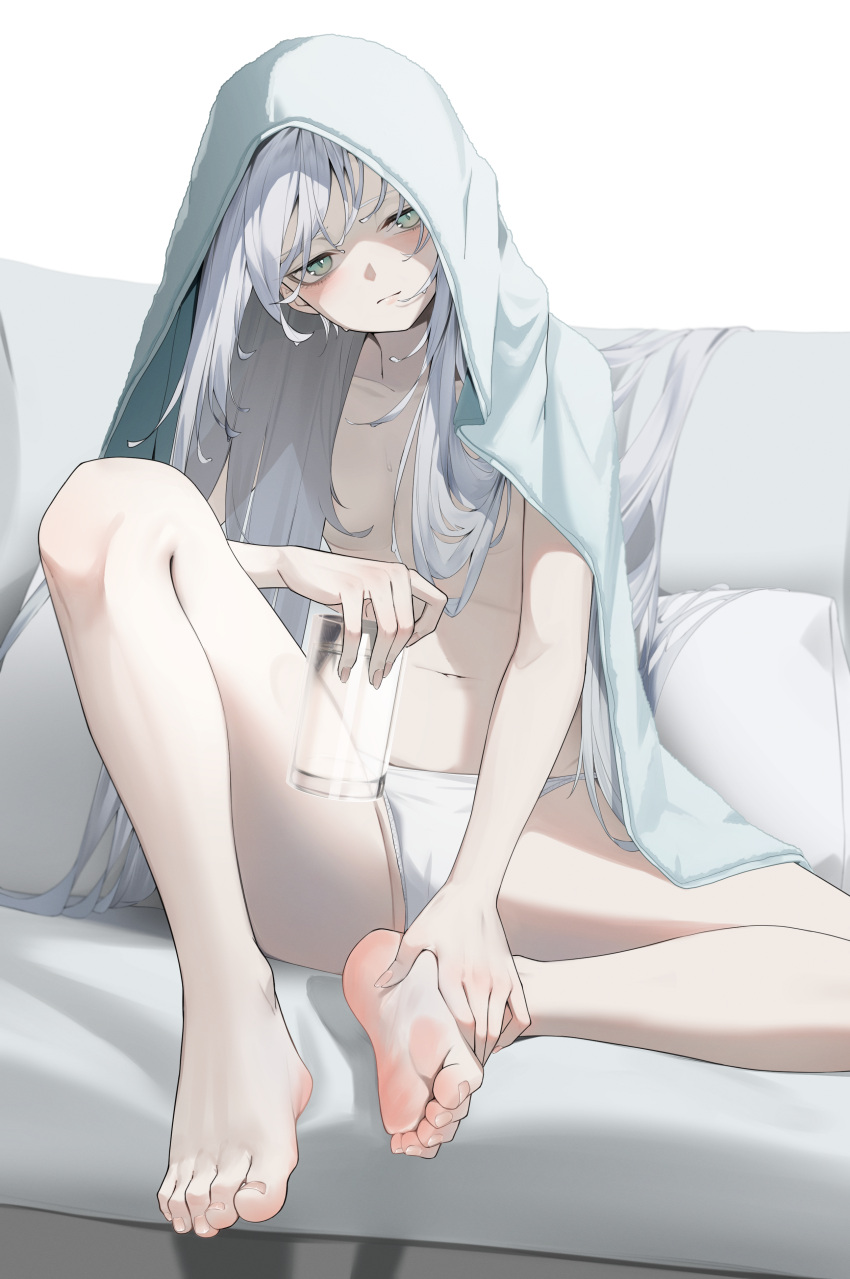 1girl absurdres bare_legs barefoot breasts closed_mouth commentary couch cup drinking_glass expressionless feet fingernails glass green_eyes grey_hair hand_on_own_foot head_tilt highres holding holding_cup knee_up legs light_blush long_fingernails long_hair looking_at_viewer navel on_couch original panties pero_(peroneko0510) sitting small_breasts soles solo spread_legs toenails toes topless towel towel_on_head underwear very_long_hair water wet wet_hair white_panties