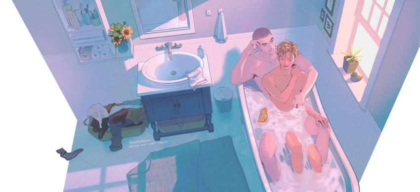 2boys adam_parrish bathing bathroom bathtub black_hair blonde_hair blue_eyes buzz_cut catbishonen claw_foot_bathtub closed_eyes completely_nude convenient_censoring couple day flower from_above full_body highres indoors looking_at_another male_focus multiple_boys nude partially_submerged ronan_lynch rubber_duck same-sex_bathing shared_bathing short_hair smile soap_bubbles soap_censor sunflower the_raven_cycle toned toned_male very_short_hair yaoi