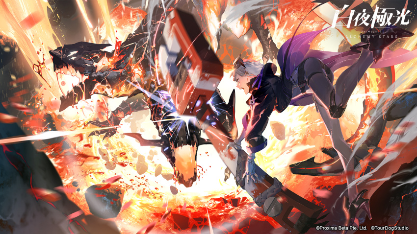 alchemy_stars artist_request ass black_bodysuit blonde_hair bodysuit boots copyright_name eruption from_side gloves grey_gloves hand_guard high_heel_boots high_heels highres holding holding_wrench huge_weapon jacket knee_pads lava looking_at_another monster night_vision_device official_art official_wallpaper open_mouth purple_jacket rachel_(alchemy_stars) second-party_source short_hair skin_tight sparks standing weapon wrench