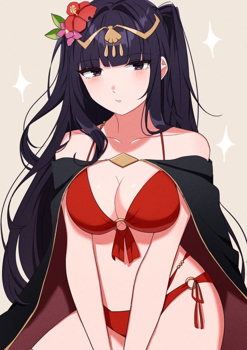 1girl bikini black_cape black_eyes black_hair blunt_bangs blush breasts cape circlet cleavage collarbone fire_emblem fire_emblem_awakening fire_emblem_heroes flower gmais2514 gold_trim grey_background hair_flower hair_ornament highres large_breasts long_hair looking_at_viewer official_alternate_costume pink_flower red_bikini red_cape red_flower simple_background solo swimsuit tharja_(fire_emblem) tharja_(summer)_(fire_emblem) two-tone_cape two_side_up
