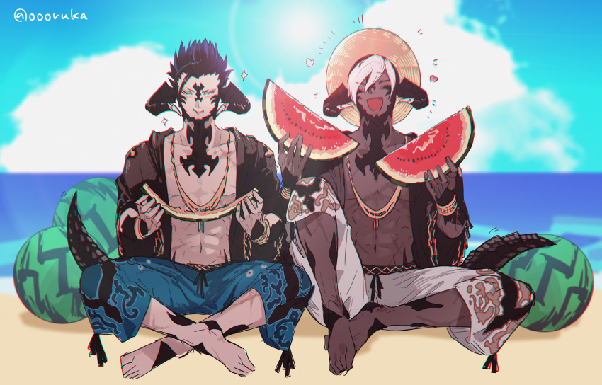 2boys :i artist_name au_ra barefoot beach black_hair black_horns blue_sky blush chewing closed_eyes closed_mouth cloud cloudy_sky colored_tips commentary_request eating facing_viewer fang final_fantasy final_fantasy_xiv food fruit full_body hands_up hat highres horns indian_style jewelry karuo_(oooruka_cr) loving_aura low_horns male_focus multicolored_hair multiple_boys necklace no_shirt ocean open_mouth outdoors pants purple_hair short_hair sitting sky sun_hat tail twitter_username two-tone_hair warrior_of_light_(ff14) watermelon watermelon_slice white_hair