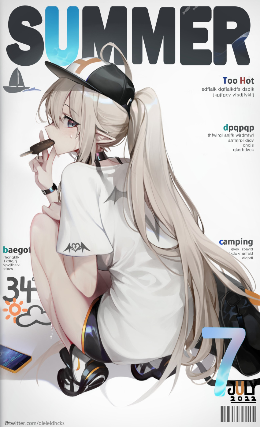 1girl absurdres bangs barcode baseball_cap black_choker black_headwear black_shorts blonde_hair choker chyan cover eating food hand_up hat highres holding long_hair long_shirt looking_at_viewer looking_back magazine_cover original phone pointy_ears ponytail popsicle shiny shiny_clothes shirt shoes short_sleeves shorts sneakers solo squatting sweatdrop v white_shirt