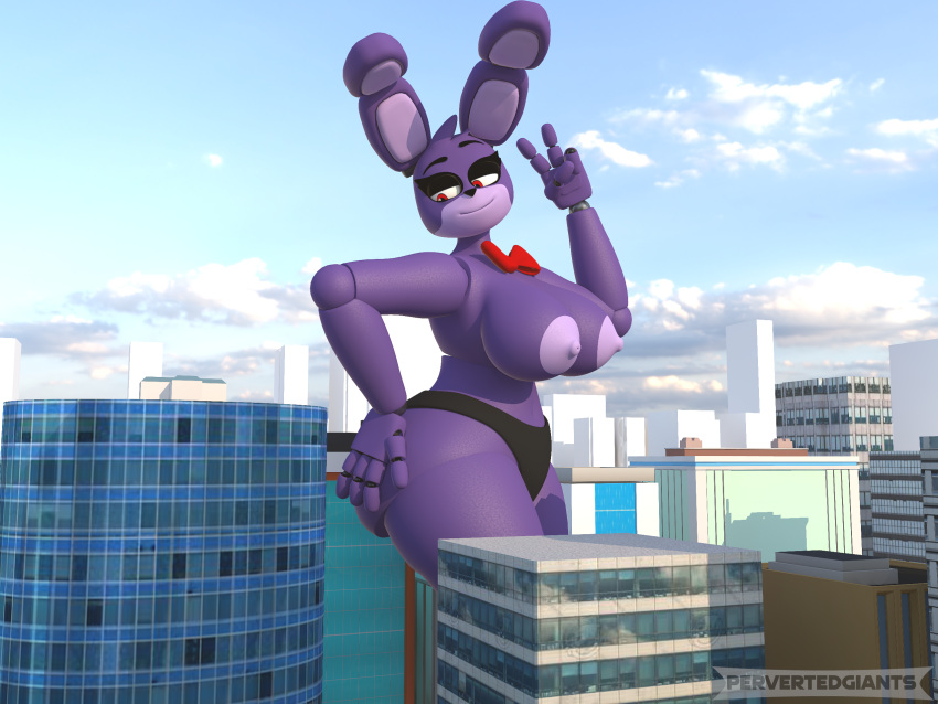 animatronic anthro big_breasts bonnie_(fnaf) bow_tie breasts building city city_background cityscape cleavage clothed clothing female five_nights_at_freddy's gesture growth hi_res house houses huge_breasts lagomorph leporid machine macro mammal pervertedgiants purple_body rabbit rabbit_ears red_eyes robot scott_cawthon scottgames smug solo tagme topless underwear v_sign video_games