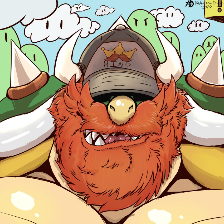 1:1 beard big_muscles bowser clothing facial_hair hat headgear headwear hi_res horn koopa long_beard male mario_bros muscular nintendo pokenerd8 scalie shell solo spikes video_games