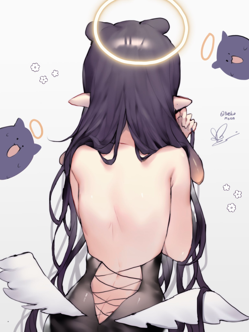 1girl artist_name back backless_dress backless_outfit black_dress black_hair butt_crack dress gradient_hair halo highres hololive hololive_english long_hair multicolored_hair nekomeen ninomae_ina'nis orange_hair pointy_ears sidelocks signature simple_background solo tako_(ninomae_ina'nis) tentacle_hair very_long_hair white_background