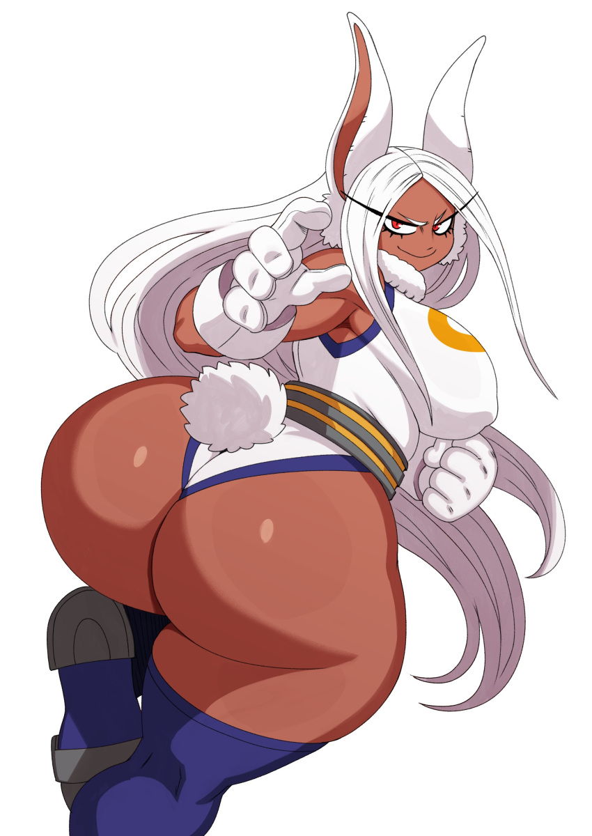 absurd_res animal_humanoid big_breasts big_butt breasts butt clothed clothing female hair hi_res huge_breasts huge_butt humanoid lagomorph lagomorph_humanoid legwear leporid_humanoid long_hair looking_at_viewer looking_back mammal mammal_humanoid miruko my_hero_academia nipple_outline rabbit_humanoid red_eyes solo sssonic2 white_hair