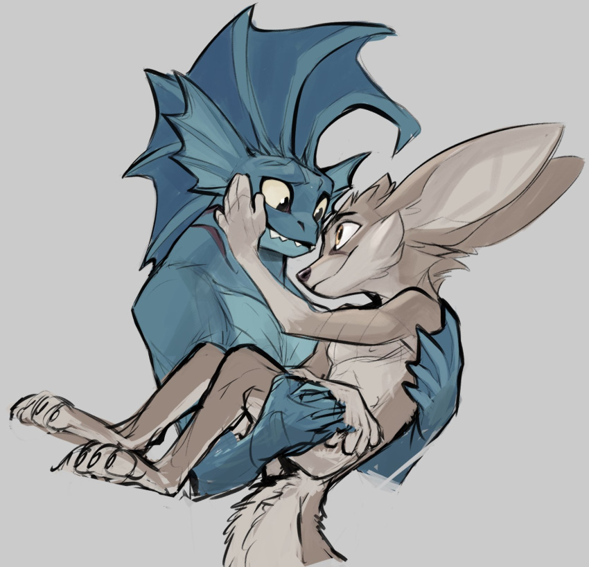animal_humanoid anthro big_ears blue_body blue_skin brown_body brown_fur canid canine duo elranno embrace fennec fennec_boy_(elranno) fish fish_boy_(elranno) fish_humanoid fluffy fluffy_tail fox frill_(anatomy) fur gills hand_holding hand_on_face hand_on_shoulder hi_res humanoid looking_at_another male male/male mammal marine marine_humanoid nipples romantic teeth yellow_eyes yellow_sclera