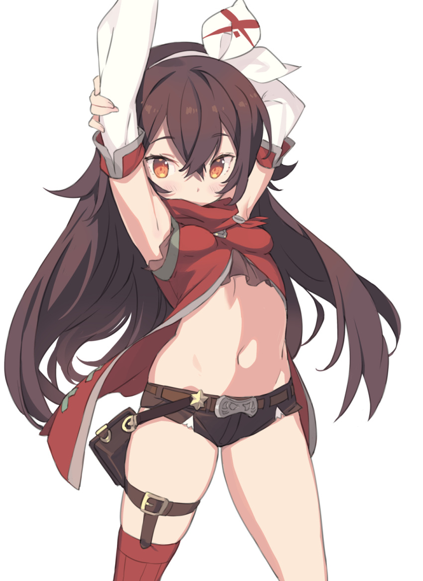 1girl amber_(genshin_impact) arm_behind_head armpits arms_up bangs bare_shoulders blade_(galaxist) breasts brown_eyes brown_hair brown_shorts commentary_request detached_sleeves genshin_impact hair_between_eyes hair_ribbon hairband highres jacket long_hair long_sleeves looking_at_viewer midriff navel open_clothes open_jacket red_jacket red_thighhighs ribbon short_shorts shorts simple_background single_thighhigh skindentation sleeveless sleeveless_jacket small_breasts solo standing thighhighs very_long_hair white_background white_hairband white_ribbon white_sleeves