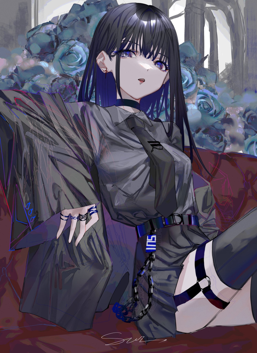 1girl artist_name bangs belt black_choker black_hair black_jacket black_necktie black_shirt black_skirt black_thighhighs blue_belt blue_flower blue_hair breasts chain character_request choker collared_shirt colored_inner_hair copyright_request couch cowboy_shot cross cross_earrings earrings eyelashes floral_background flower forest garter_straps grey_eyes highres jacket jewelry knee_up leaning_back long_hair long_sleeves looking_to_the_side medium_breasts multicolored_background multicolored_hair nature necktie off_shoulder open_hand outdoors parted_lips pink_lips ring shirt shirt_tucked_in signature sitting skirt sleeves_past_wrists solo straight_hair suimin_(sui_0y0) teeth thigh_strap thighhighs tree upper_teeth wing_collar