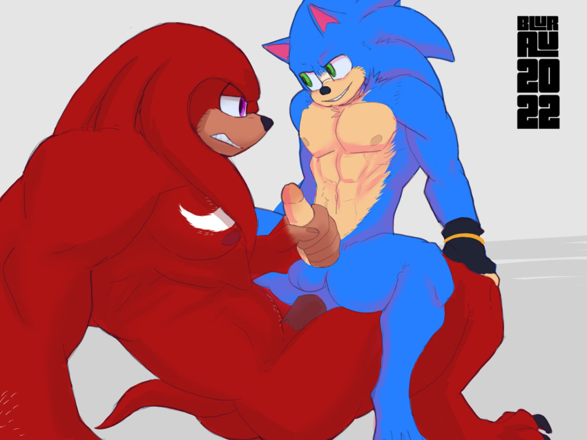 2022 5_fingers abs anal anal_penetration anthro balls big_dom_small_sub blue_body blue_fur blurau chest_markings clothing digitigrade dominant duo echidna erection eulipotyphlan fingers from_front_position fur genitals gloves green_eyes grin half-closed_eyes handjob handjob_while_penetrating handwear hedgehog hi_res knuckles_the_echidna looking_at_another looking_at_partner male male/male mammal markings mastery_position monotreme muscular muscular_male narrowed_eyes nipples nude penetration penile purple_eyes red_body red_fur sega sex signature size_difference smile sonic_the_hedgehog sonic_the_hedgehog_(series) tan_body tan_fur