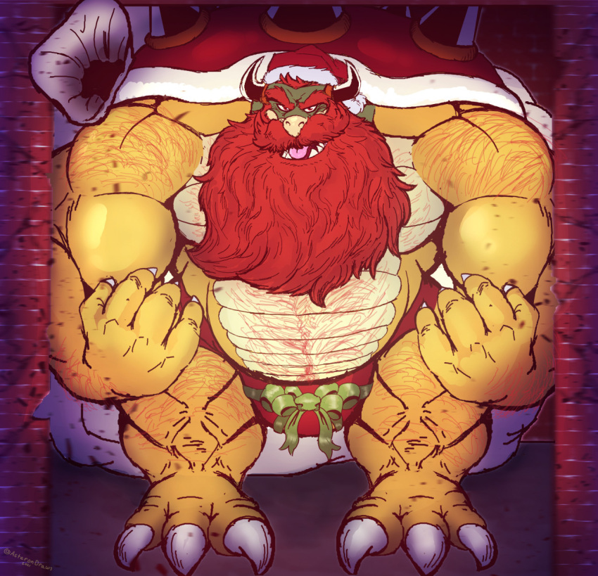 big_muscles bowser bulge christmas christmas_clothing christmas_headwear claws clothed clothing costume hair hat headgear headwear hi_res holidays horn koopa long_beard looking_at_viewer male mario_bros mature_male muscular nintendo pokenerd8 red_hair santa_costume santa_hat scalie shell solo spikes topless underwear video_games