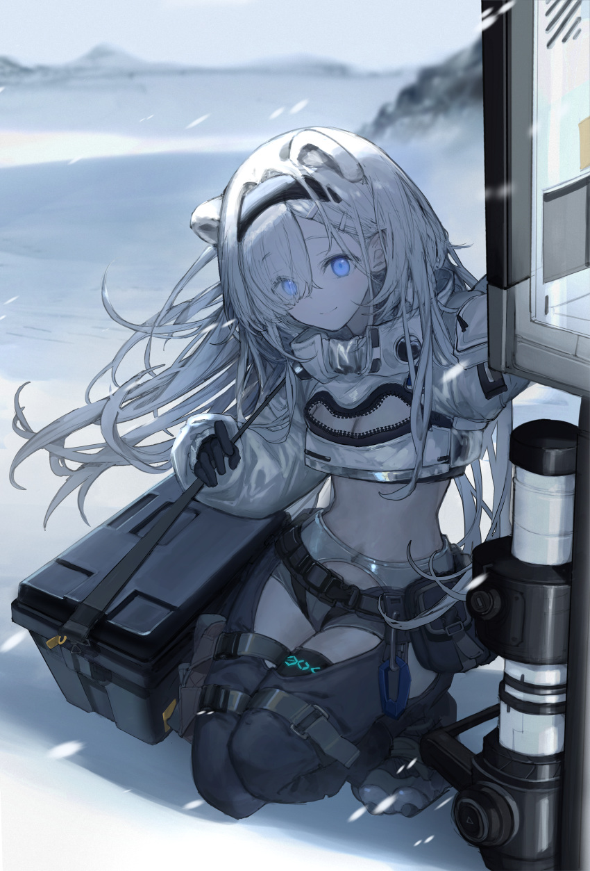 1girl absurdres animal_ears arknights aurora_(arknights) bear_ears bear_girl black_gloves black_hairband black_pants blue_eyes case cleavage_cutout clothing_cutout cropped_jacket es-ther extra_ears eyes_visible_through_hair gloves hair_over_one_eye hairband highres infection_monitor_(arknights) jacket kneeling long_hair long_sleeves looking_at_viewer midriff outdoors pants smile snow solo thigh_cutout thigh_strap white_hair white_jacket wind