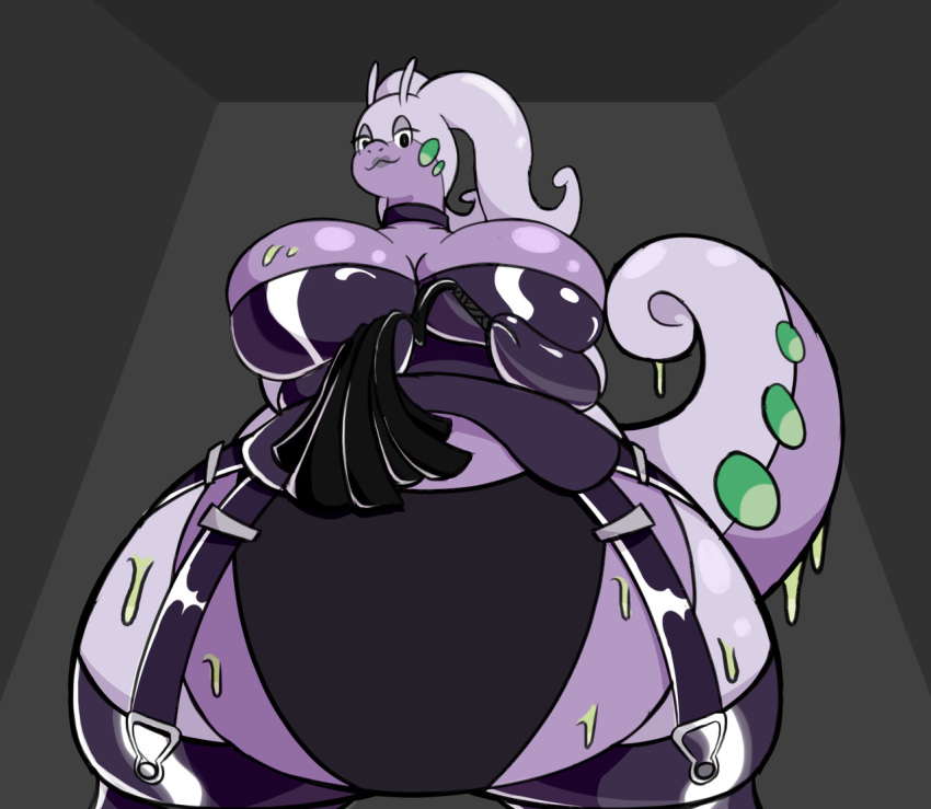 2018 anthro bdsm_gear bedroom_eyes big_breasts bodily_fluids breasts clothed clothing female goodra grey_background holding_object huge_breasts inside long_tail looking_at_viewer narrowed_eyes nintendo not_a_furfag pok&eacute;mon pok&eacute;mon_(species) purple_body purple_breasts purple_skin purple_tail seductive simple_background solo video_games