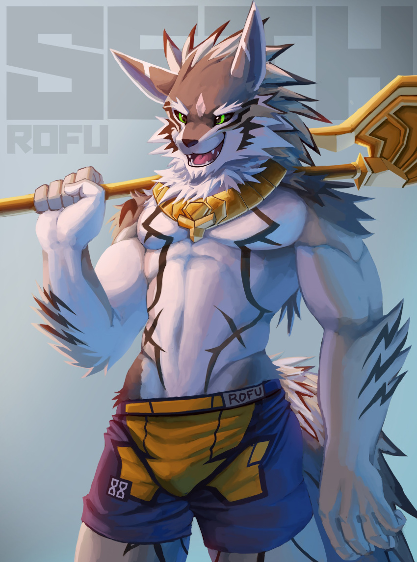 abs absurd_res anthro black_sclera bottomwear brown_body brown_fur canid canine canis clothing fangs fur green_eyes hi_res jackal jewelry lifewonders looking_away male mammal melee_weapon muscular muscular_anthro muscular_male open_mouth open_smile rofu_kagazaki seth_(tas) shorts smile solo standing swimwear teeth tokyo_afterschool_summoners video_games weapon weapon_on_shoulder white_body white_fur