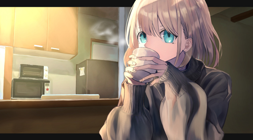 1girl aqua_eyes black_sweater covered_mouth cup cupboard drinking e_nnihql grey_hair highres idolmaster idolmaster_shiny_colors indoors kitchen letterboxed long_sleeves looking_at_viewer medium_hair microwave mug serizawa_asahi solo steam sweater upper_body