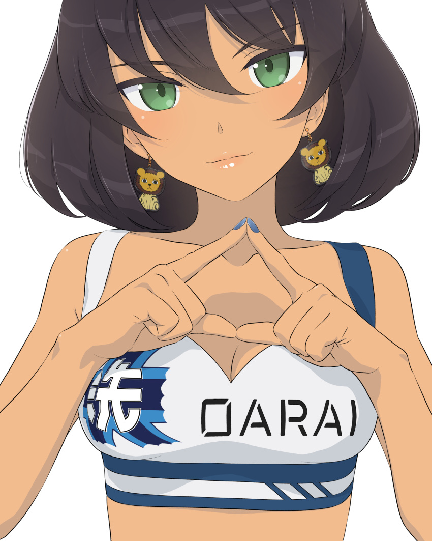 1girl akagi_(fmttps) alternate_costume black_hair blue_nails breasts cleavage closed_mouth clothes_writing collarbone earrings emblem fingernails girls_und_panzer girls_und_panzer_senshadou_daisakusen! green_eyes hair_between_eyes highres hoshino_(girls_und_panzer) jewelry light_smile lips looking_at_viewer medium_breasts nail_polish official_alternate_costume ooarai_(emblem) race_queen short_hair simple_background smile solo upper_body white_background