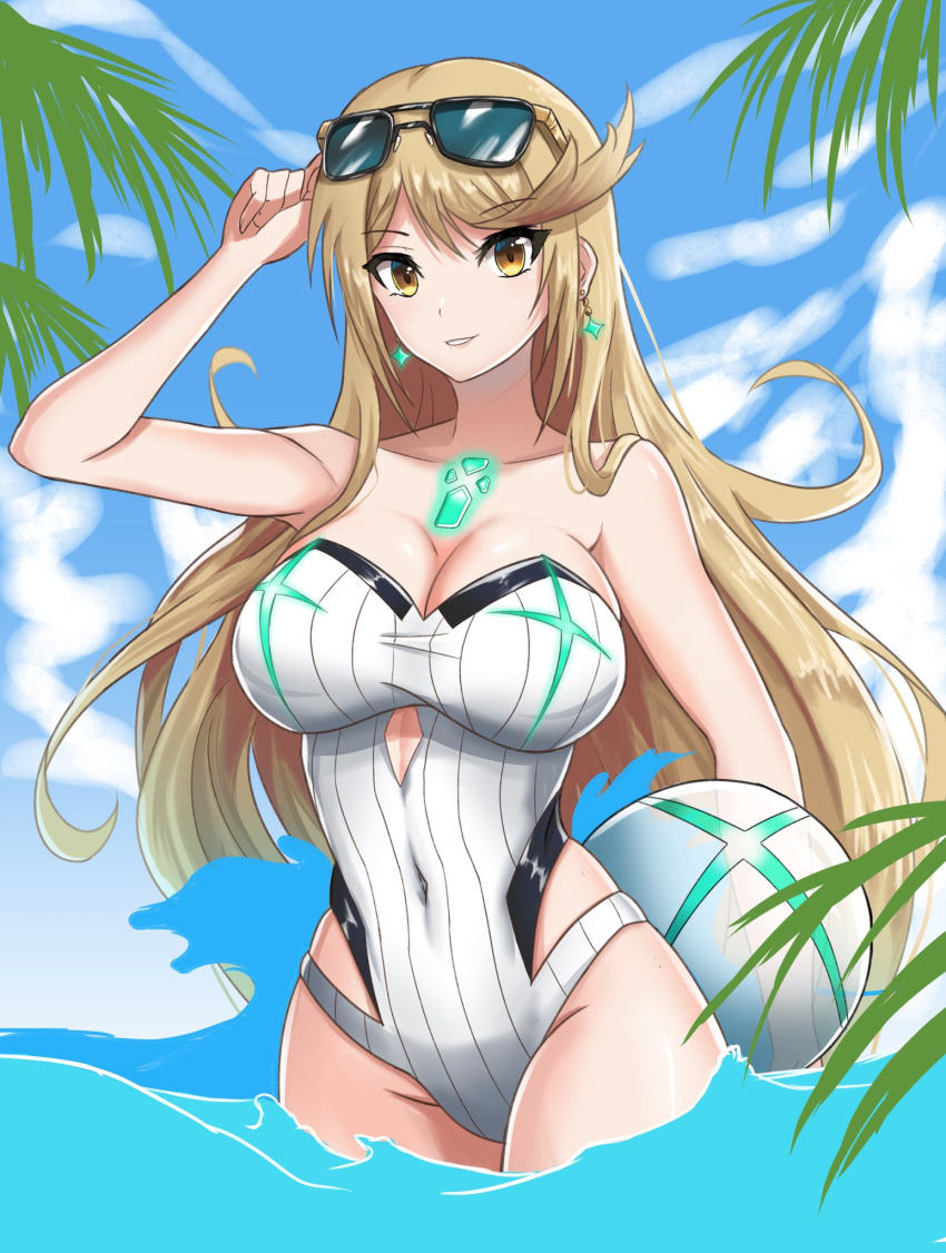 1girl bangs blonde_hair breasts chest_jewel fgsketch gem headpiece highres large_breasts long_hair mythra_(radiant_beach)_(xenoblade) mythra_(xenoblade) one-piece_swimsuit ribbed_swimsuit solo strapless strapless_swimsuit striped striped_swimsuit swept_bangs swimsuit tiara two-tone_swimsuit very_long_hair white_swimsuit xenoblade_chronicles_(series) xenoblade_chronicles_2 yellow_eyes