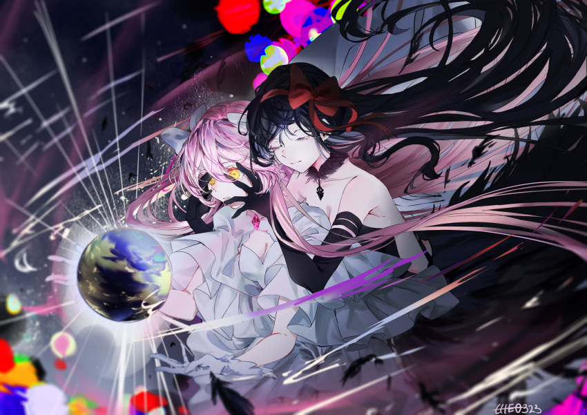 2girls absurdly_long_hair absurdres akemi_homura akuma_homura bangs bare_shoulders black_dress black_gloves black_hair bow choker closed_eyes dark_orb_(madoka_magica) dress earth_(planet) elbow_gloves feathered_wings frilled_dress frills from_behind gloves hair_bow hands_on_another's_face highres jacket kaname_madoka layered_dress layered_sleeves long_hair mahou_shoujo_madoka_magica mahou_shoujo_madoka_magica_movie multiple_girls pink_gemstone pink_hair planet short_sleeves sidelocks swept_bangs theo323409 two_side_up ultimate_madoka very_long_hair white_bow white_choker white_dress white_gloves white_jacket wide_sleeves wings yellow_eyes yuri