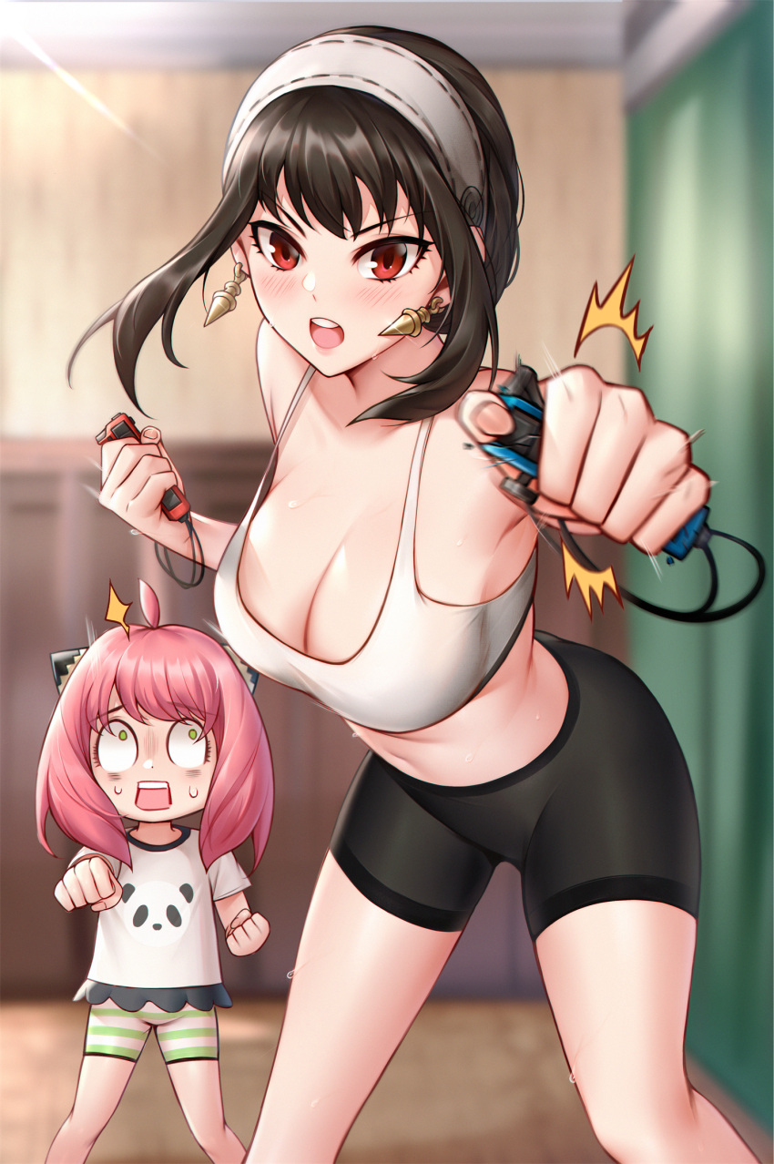2girls :o animal_print anya_(spy_x_family) bear_print bike_shorts black_hair black_shorts blush breasts broken child chinese_commentary cleavage controller crop_top earrings exercise female_child floating_hair gold_earrings hairband highres holding holding_controller hua-j indoors jewelry joy-con large_breasts leaning_forward long_hair looking_at_another looking_at_viewer medium_hair mother_and_daughter multiple_girls nintendo_switch panda_print pink_hair punching red_eyes short_hair_with_long_locks shorts sidelocks sports_bra sportswear spy_x_family strap_gap striped striped_shorts surprised sweat sweatdrop thighs white_hairband white_sports_bra wide-eyed yor_briar