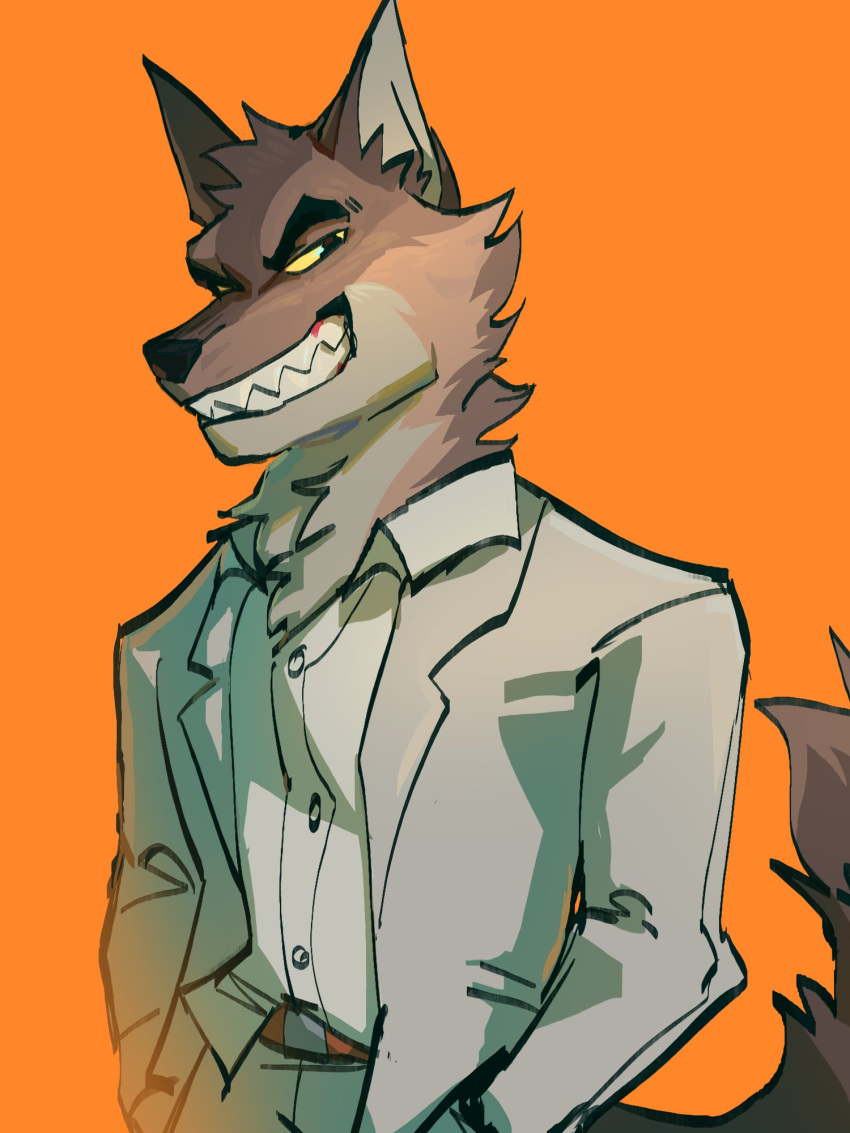 anthro bottomwear brown_body brown_fur canid canine canis clothed clothing digital_media_(artwork) dreamworks fur hi_res looking_at_viewer male mammal mr._wolf_(the_bad_guys) simple_background smile solo teeth teeth_showing the_bad_guys thecalfsucker white_clothing white_suit wolf