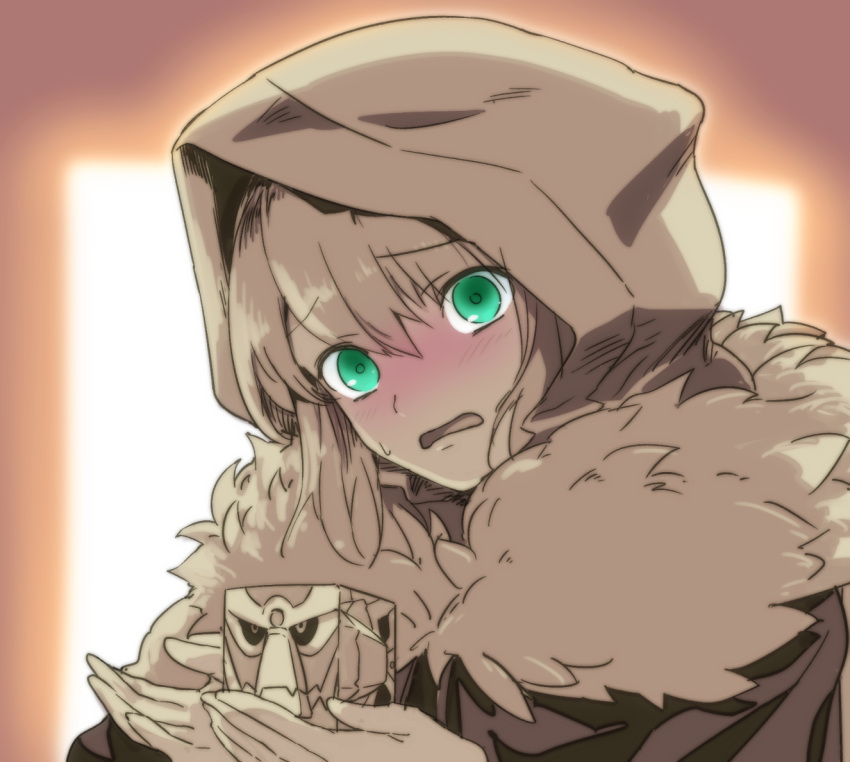 1girl add_(fate) aoba_(smartbeat) bangs blush breasts cloak cube dress fate_(series) fur-trimmed_cloak fur_trim gray_(fate) green_eyes hood hooded_cloak long_hair long_sleeves looking_at_viewer lord_el-melloi_ii_case_files medium_breasts open_mouth sidelocks spot_color