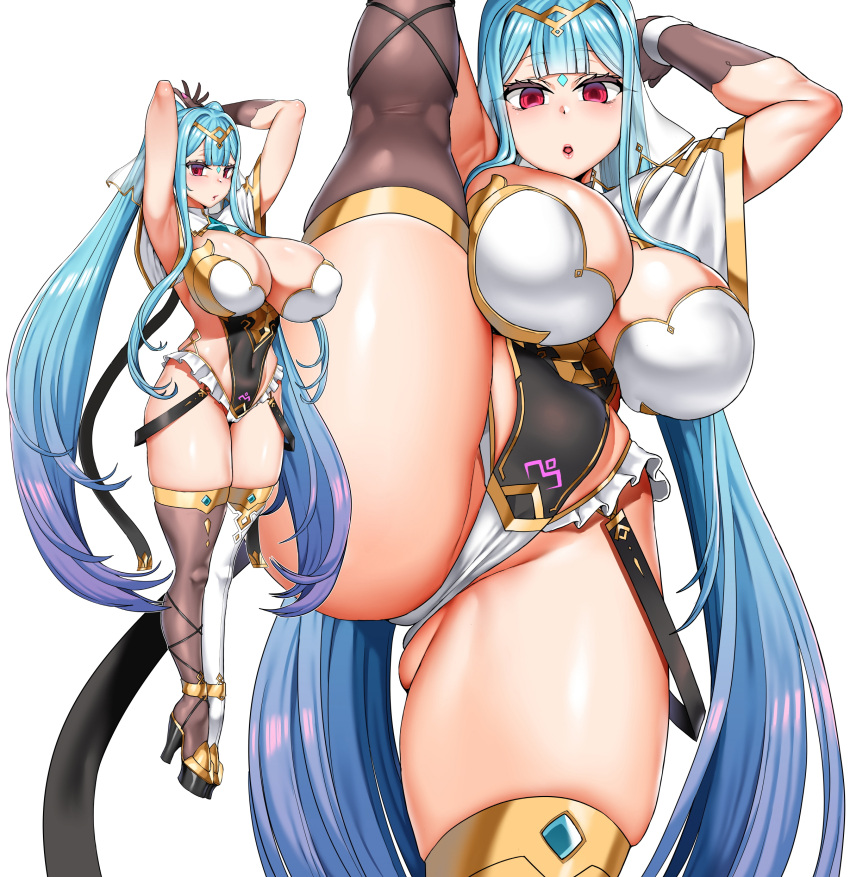 1girl :o absurdres angel armpits arms_behind_head arms_up asymmetrical_legwear black_gloves blue_hair bodysuit breasts cleavage clothing_cutout covered_navel epic_seven era_(erasion) facial_mark forehead_mark full_body gloves highres leotard long_hair looking_at_viewer mismatched_legwear open_mouth ponytail red_eyes roana_(epic_seven) short_sleeves skin_tight skindentation solo split standing standing_on_one_leg standing_split thick_thighs thighs tiptoes very_long_hair white_background wings wrist_cuffs