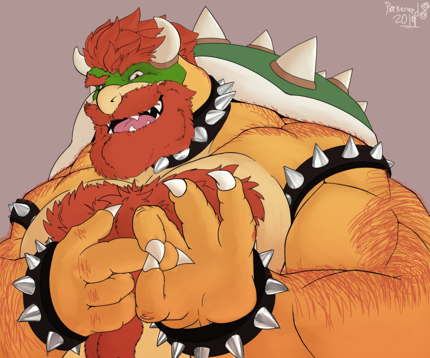 beard big_muscles bowser chest_tuft claws facial_hair gesture horn koopa looking_at_viewer male mario_bros muscular nintendo pokenerd8 scalie sex_gesture shell smile smirk solo spikes suggestive suggestive_gesture tuft video_games